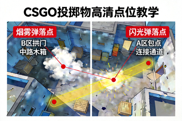 CSGO 投掷物高清点位教学画面，展示烟雾弹与闪光弹落点示意