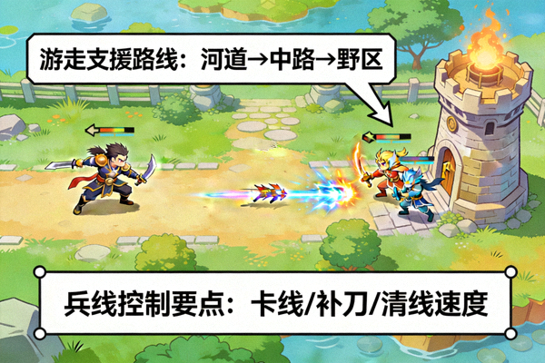 王者荣耀对抗路对线教学画面，展示兵线控制与游走支援路线